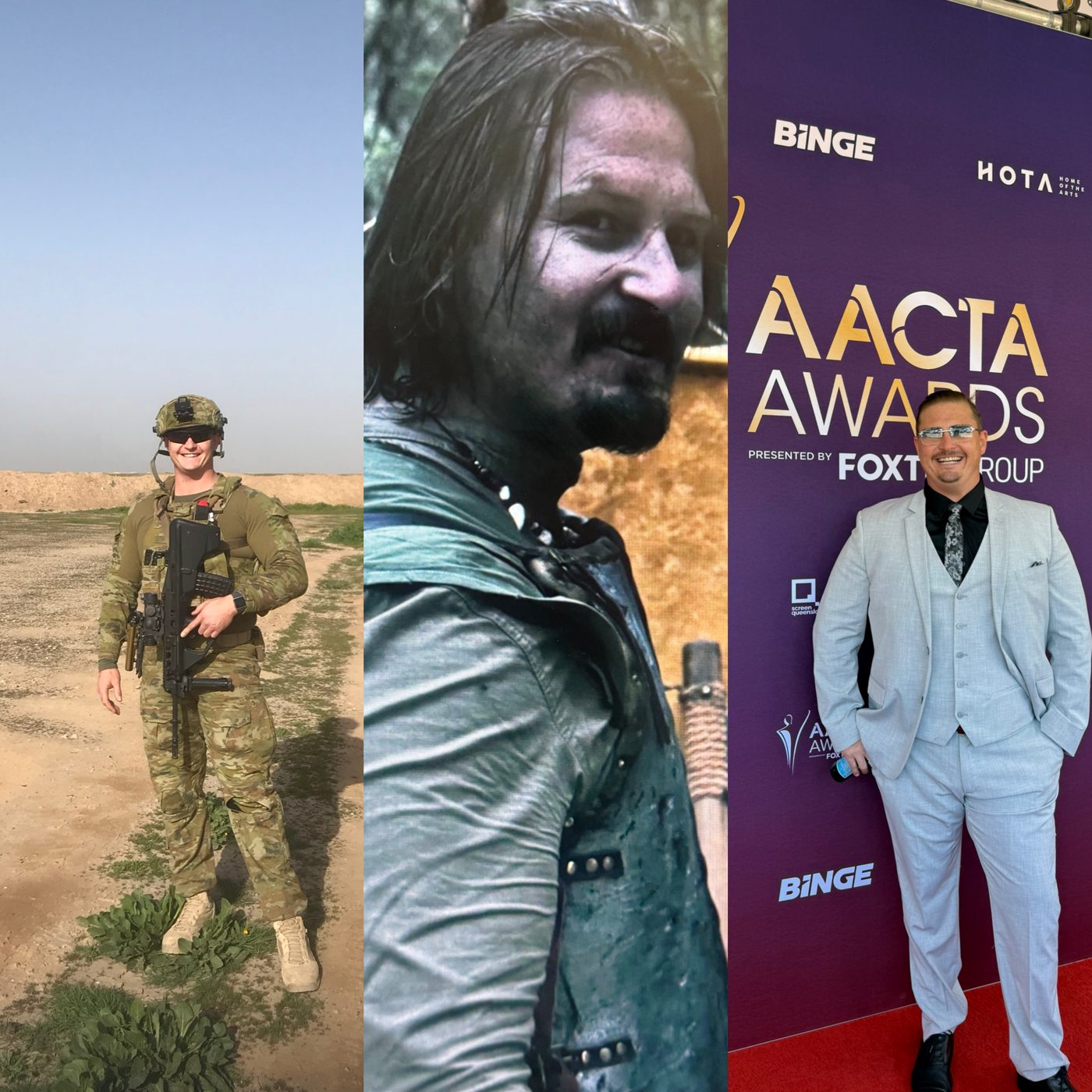 Three photos of Brodie: in Army uniform on deployment, in character on set, and on the red carpet at the AACTA Awards